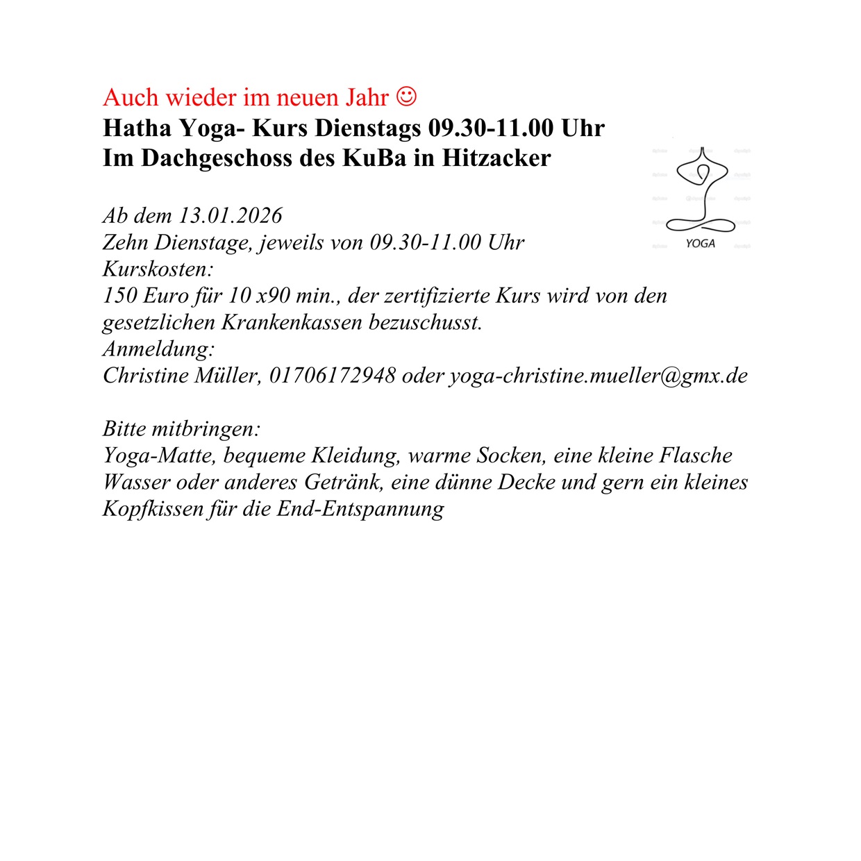 10 Stunden Hatha Yoga-Kurs  Di | 09.30 Uhr (13.01.26)
